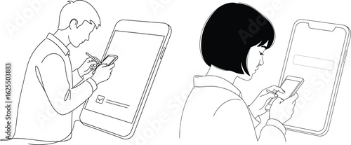 Line art illustration of people using mobile phones with stylus pens