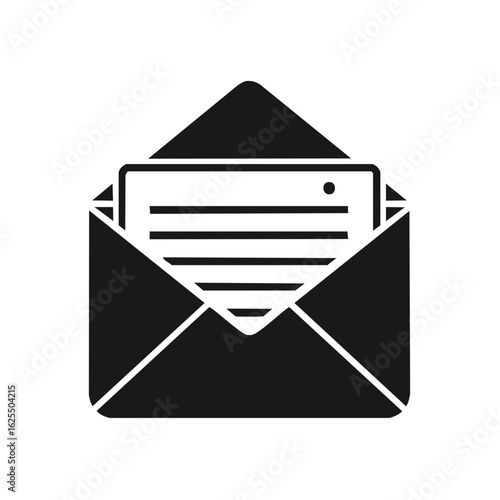 Black open envelope icon with a new message letter inside mail communication symbol