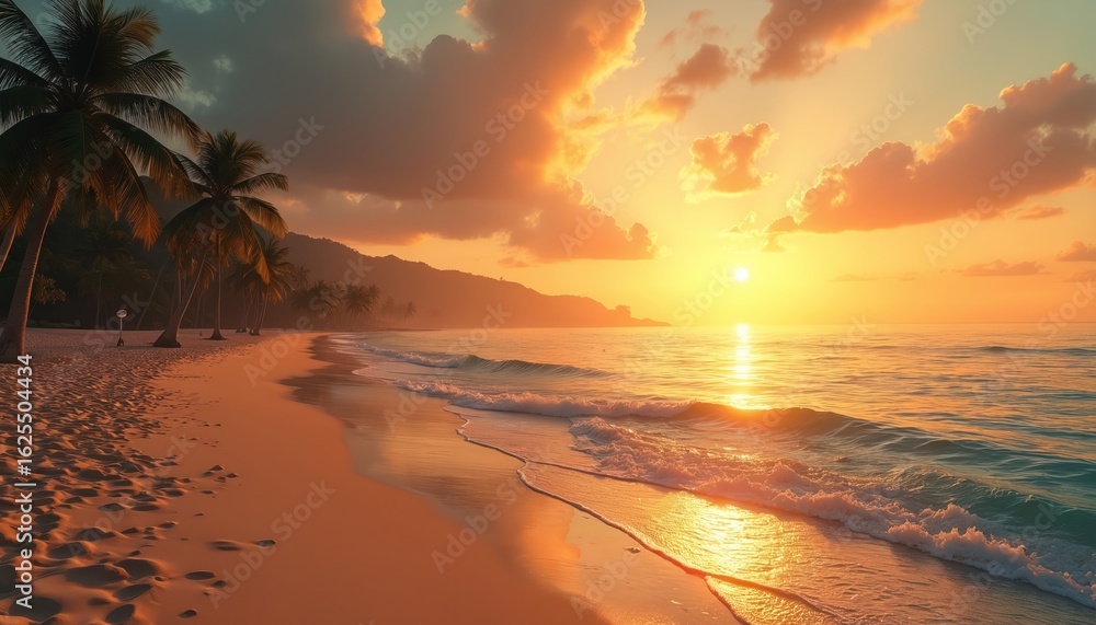 Obraz premium Golden tropical beach sunset illuminates the hazy sky above calm ocean waves. Palm trees line the shore of a secluded island, offering a serene escape with warm light and peaceful waters.