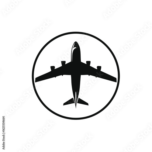 Simple Silhouette Icon of a Jet Airplane with Four Engines Within a Circle