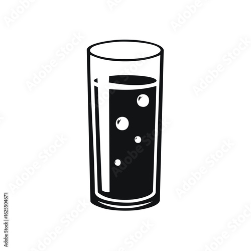 Sparkling beverage in a glass, black liquid with floating bubbles, isolated on white