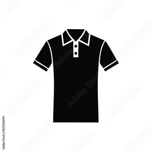 Classic short-sleeved polo shirt in black graphic, vector icon of casual clothing apparel, flat design