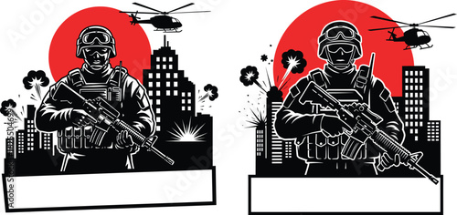 Military soldier with assault rifle in war zone illustration