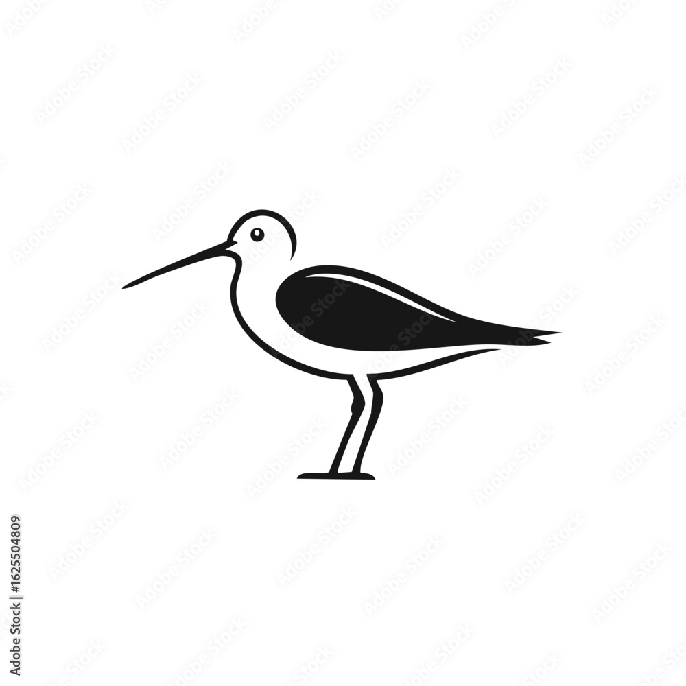 Obraz premium Stylized black and white illustration of a long legged bird with a distinctive long beak standing