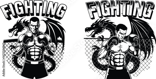 Monochrome fighter illustration featuring dragon wings and fighting text against a cage fence