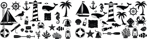 Nautical themed set with sea animals, boat, lighthouse and palm tree silhouettes