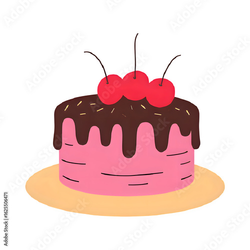 Pink Birthday Cake With Chocolate Drips And Cherries PNG