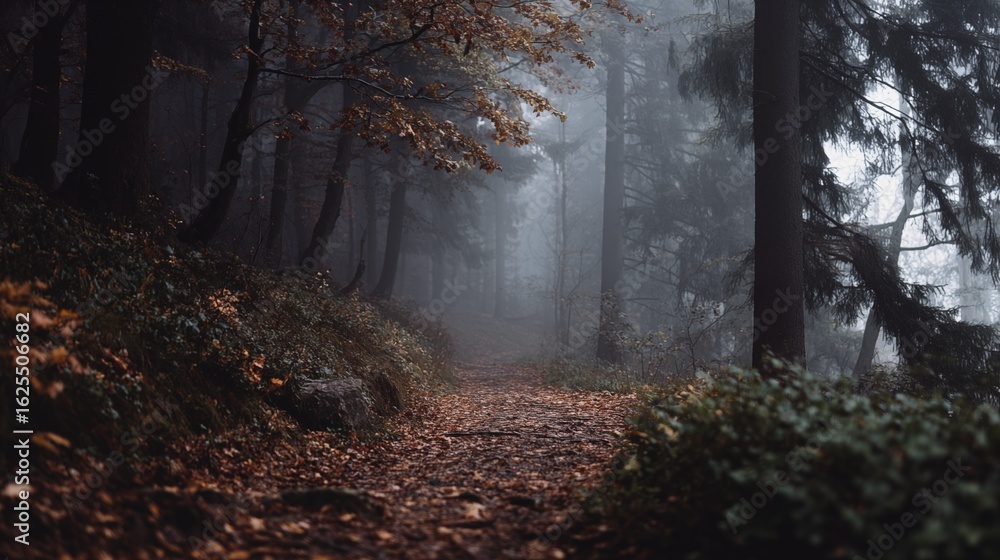 Fototapeta premium Moody Forest Path Covered in Autumn Leaves with Dense Fog and Tall Trees