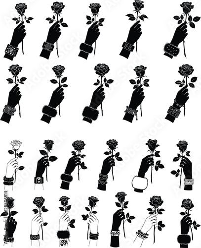 Set of female hands holding rose with various bracelets silhouettes