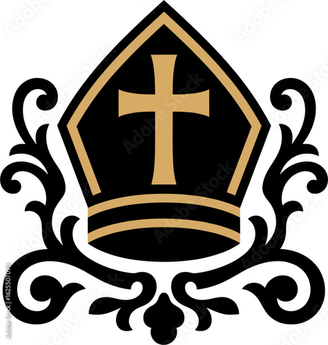 Elegant Two-Tone Bishop Mitre Vector – Gold and Black Christian Headdress Emblem with Ornamental Flourish