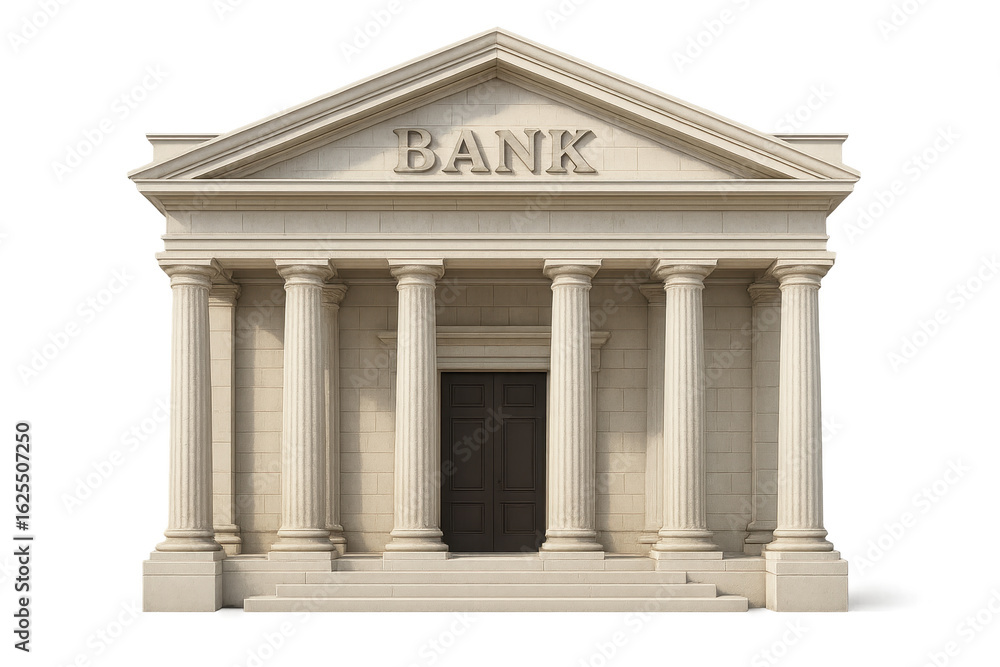 Fototapeta premium Bank building with columns representing stability and security on transparent background