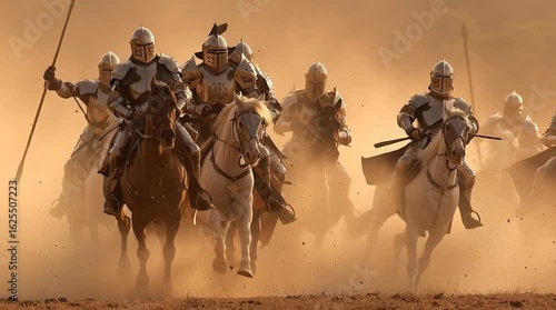 Knights on horseback charge through dusty landscape during dramatic sunset in exciting medieval reenactment
