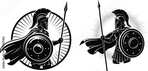 Spartan warrior with spear and shield silhouette set for ancient history and heraldry designs