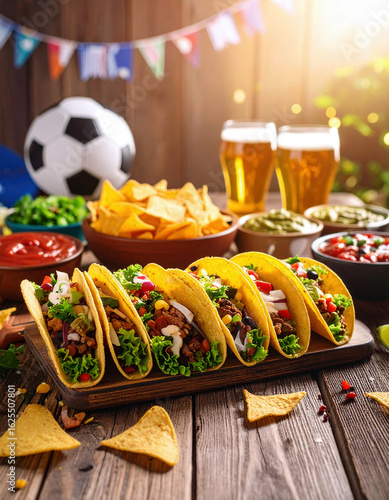 Colorful tacos filled with fresh vegetables and meat are served alongside nachos, salsas, and beer for a lively outdoor soccer party feast.