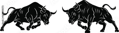 Two angry charging bulls in black silhouette for emblem or logo design