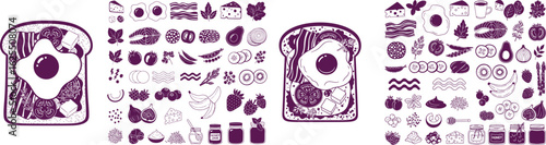 Toast with fried egg, bacon, and tomato illustration with ingredients set