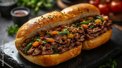 Delicious Steak and Peppers Sub Sandwich on a Rustic Dark Background