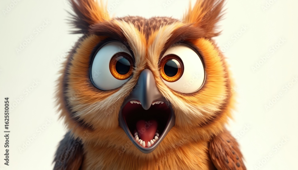 Fototapeta premium Surprised cartoon owl, wide-eyed with mouth open, fluffy orange, brown feathers. Digital artwork illustration features cute, funny character with amazed expression, perfect for animation concepts.