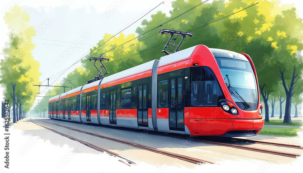 Naklejka premium Vibrant watercolor illustration captures modern red tram gliding along city tracks. Public transportation vehicle features sleek design, traveling through tree-lined urban avenue. Artwork evokes