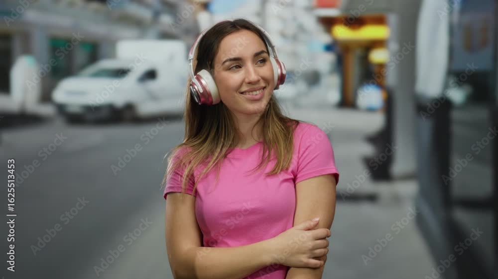 Young woman with pink headphones and shirt enjoys music on a busy urban street filled with vehicles, conveying a sense of relaxation and modern lifestyle. Young woman with pink headphones and shirt enjoys music on a busy urban street filled with vehicles, conveying a sense of relaxation and modern lifestyle.