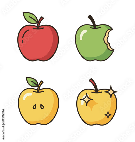 Collection of Four stylized Apples with various colors and Conditions against White