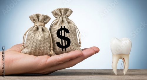 A hand holds two money bags with dollar signs next to a tooth, symbolizing the high cost of dental care