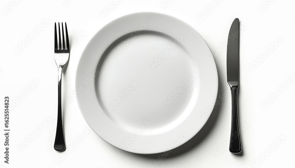 Empty white plate with fork and knife set on clean white background. Modern restaurant table setting for dining or catering. Simple, elegant tableware arrangement for food presentation, meal service. Empty white plate with fork and knife set on clean white background. Modern restaurant table setting for dining or catering. Simple, elegant tableware arrangement for food presentation, meal service.