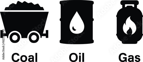 Illustration of fossil fuels coal oil gas energy resources power generation fuel industry icon vector art silhouette
