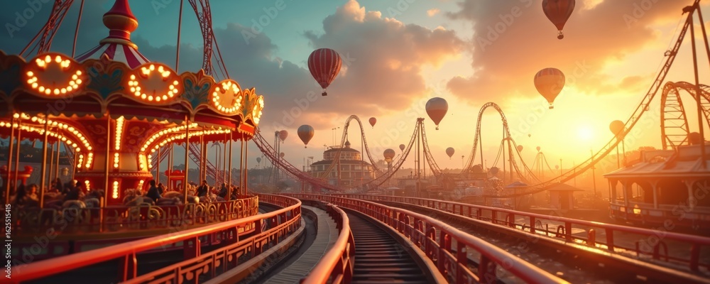 Vibrant amusement park scene at golden sunset featuring carousel, roller coasters, hot air balloons. Enjoy festive atmosphere with rides, attractions, people celebrating summer vacation, holidays. Vibrant amusement park scene at golden sunset featuring carousel, roller coasters, hot air balloons. Enjoy festive atmosphere with rides, attractions, people celebrating summer vacation, holidays.