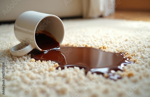 White mug tipped over spilling dark coffee onto textured cream carpet. Liquid forms puddle, creating mess. This accident involves hot drink, suggesting clumsy moment during breakfast or coffee break.