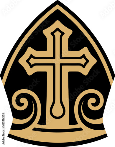 Elegant Two-Tone Bishop Mitre Vector – Minimalist Gold Cross on Black Clergy Hat Design