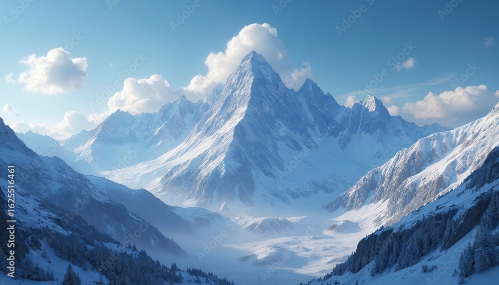 Obraz premium Majestic snow-covered mountain range under clear blue sky with fluffy clouds. Jagged peaks pierce atmosphere, vast snowy valleys, rocky outcrops. Landscape evokes sense of extreme cold, adventure,