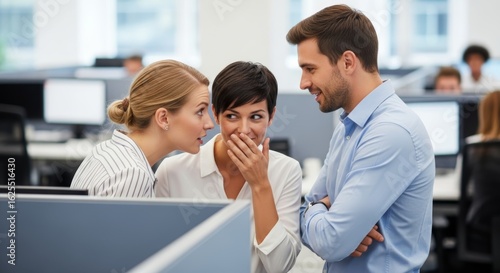 diverse group of colleagues gossiping and sharing secrets in a modern office. Woman whispers to shocked coworker, moment of office rumor and intrigue. Moment of social interaction 