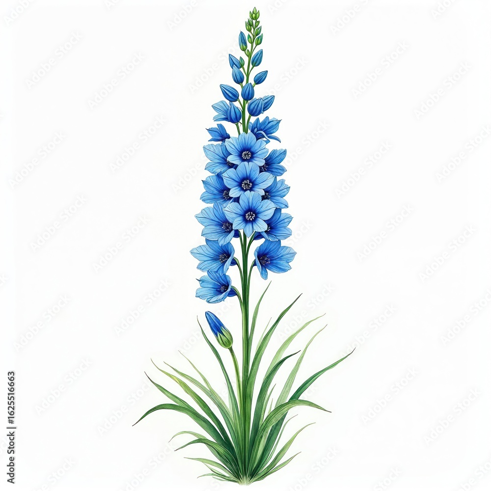 Fototapeta premium Stylized botanical watercolor illustration of tall blue delphinium flower stalk. Hand-drawn floral art isolated on white background. Delicate blossom blooms with green leaves. Perfect for design,