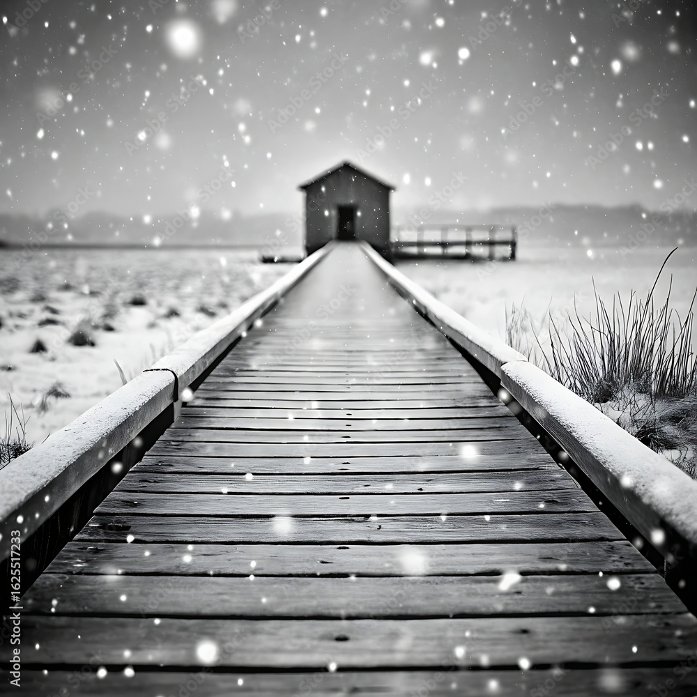 Obraz premium Wooden boardwalk leading to a house in a snowy winter landscape