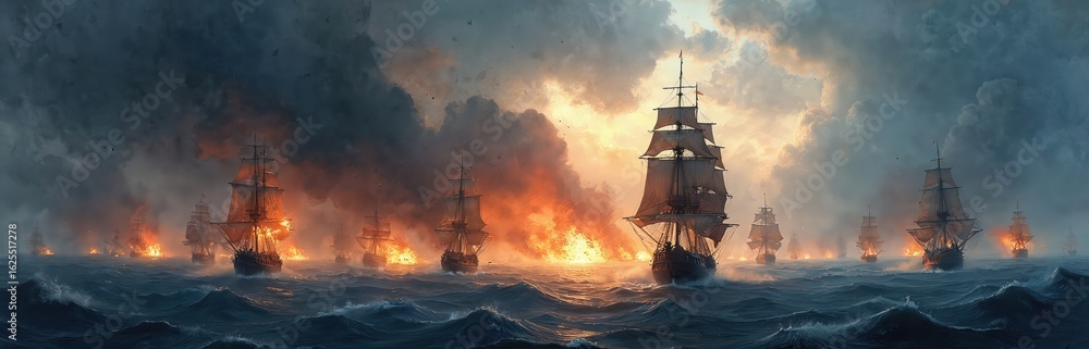 Fototapeta premium Watercolor painting of 17th century naval battle at sea. Numerous wooden sailing ships engage in combat amidst fiery explosions, dramatic clouds. Victory defeat unfolds on ocean horizon, evoking