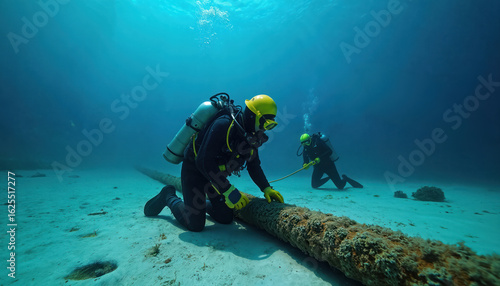 Wallpaper Mural Two divers in full gear inspect large submarine cable on ocean floor. One diver kneels, examining cable, in background works with tether. Clear blue water, sandy seabed, marine environment visible. Torontodigital.ca