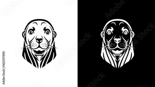 A stylized seal's portrait, gazing serenely, features elegant black-and-white lines against a stark background, evoking a sense of quiet contemplation.