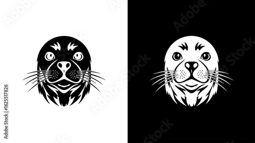 A curious harbor seal's head, playfully gazing forward, in a bold black and white illustration, conveying a sense of marine wildlife and simplicity.