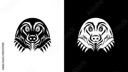 A stylized mole's head, powerfully rendered in black and white, conveys a sense of mystery and the hidden world beneath the surface.