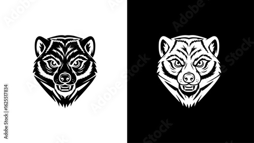 A snarling raccoon's head, rendered in a stark black and white vintage style, projects intensity and a wild, untamed spirit.