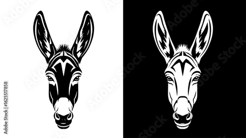 A donkey's head, rendered in stark black and white, stares directly ahead, conveying a sense of quiet strength and resilience.