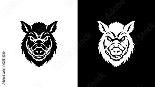 A fierce wild boar's head, rendered in stark black and white, projects power and aggression against a contrasting background.