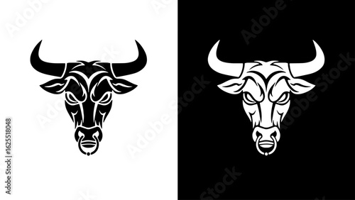 A fierce bull's head, powerfully rendered in black and white, projects strength and dominance against a contrasting background.