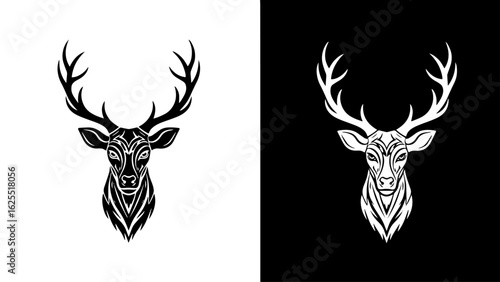 A majestic stag's head, rendered in stark black and white, commands attention with its intricate, stylized antlers against a contrasting backdrop.