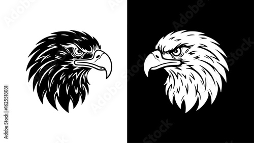 A majestic eagle's head, sharply rendered in black and white, exudes power and intensity against a contrasting background.