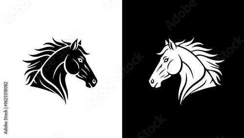 A majestic black and white horse head, powerfully rendered in a stylized profile, evokes strength and elegance against contrasting backgrounds.