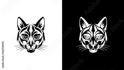 A stylized bobcat's head stares intensely forward, its sharp features rendered in stark black and white, conveying a powerful and mysterious mood.