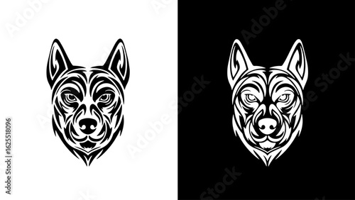 A stylized tribal dog's head, powerfully rendered in black and white, projects an intense and watchful presence.