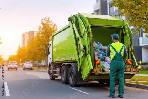 Green garbage truck unloading waste.  Worker stands near open back